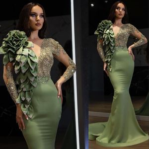 2021 Sexy Arabisch ASO EBI Mermaid Luxurious Prom Dresses Jewel Hals Illusion Crystal Beads met bloemen Dames Speciale gelegenheid Avondjurk Lange Mouwen Jurken