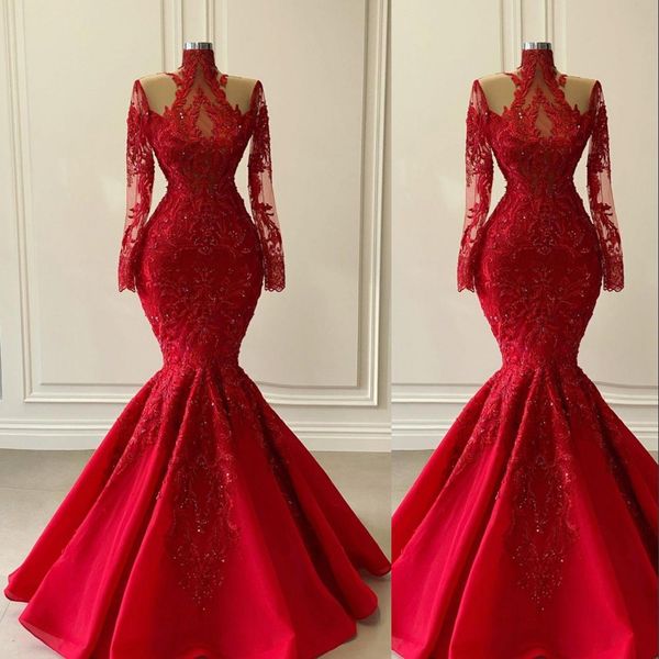 2021 Sexy árabe Aso Ebi Red Lace Crystal Beading Vestidos de noche Use mangas largas brillantes Cuello alto Ilusión Sirena Tallas grandes Vestidos de baile