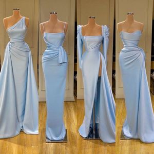 2023 Sexy Arabische schede prom jurken voor vrouwen gemengde stijlen nek licht blauw satijnen vloer lengte gesplitste bruidsmeisje avondjurk feestjurken vegen trein