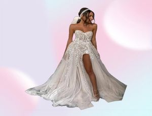 2021 Sexy strand trouwjurken voor bruid elegante kanten boho trouwjurken strapless mouwloze high split prinses huwelijkjurken8728264