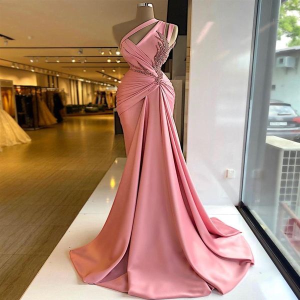 2021 Sexy Blush Rose Robes De Bal Une Épaule Gaine Sirène Cristal Perles Femmes Occasion Spéciale Robe De Soirée Arabe Moyen Ea316A