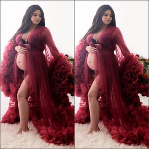 2021 Sexy Borgoña vestidos de maternidad para sesión de fotos o Babyshower vestidos de noche diseñador vestido de tiro de manga larga vestido de graduación