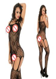 2021 Costume sexy One Piece Open Buste Floral Lace Mature BodyStocking Femmes Pantyhose Crichless Babydoll Lingerie Black Porn 3082736