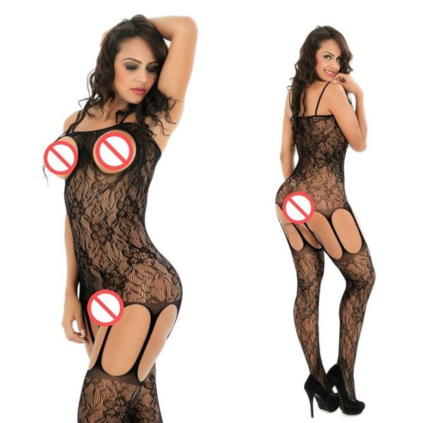 2021 Traje sexy Una pieza Busto abierto Encaje floral Bodystocking maduro Mujeres Pantimedias Sin entrepierna Babydoll Lencería Negro Porno 284u