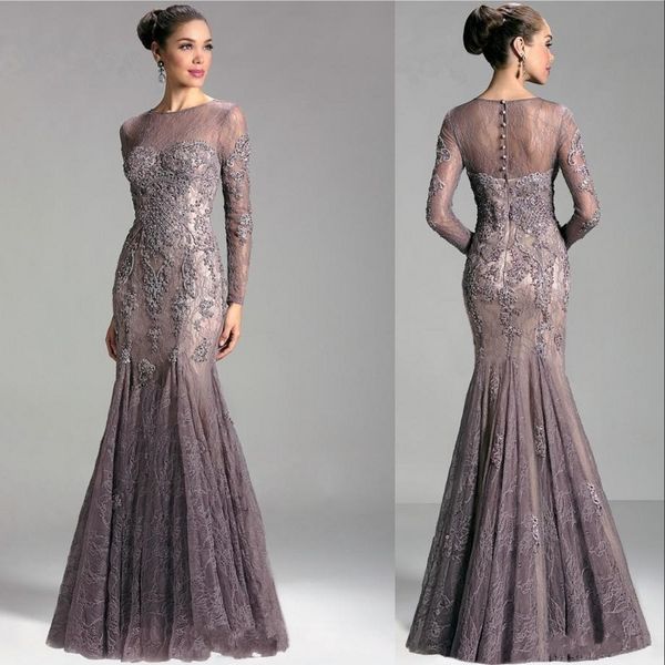 2021 Sexy formelle sirène mère de la mariée robes bijou cou dentelle appliques perlée manches longues grande taille robe de soirée robes d'invité de mariage