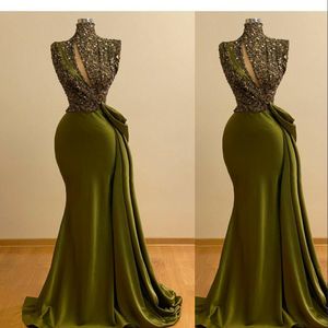 2021 Sexy Hunter Green Avondjurken Hoge nek Sleutelgat Levering Kant Mouwloze Mermaid Pailletten Sweep Train Plus Size Long Party Prom-jassen