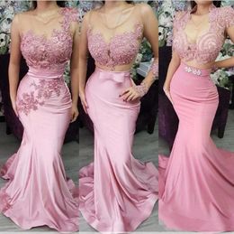 2022 Sexy Illusion Pink Mermaid Prom Jurken Applicaties Kant Kralen Mouwloze Lange Bruidsmeisjes Jurk Dames Satijn Speciale Gelegenheid Pageant Avond Feestjurken