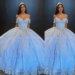2021 Sexy Light Blue Quinceanera Robes Spaghetti Stracles en argent Appliques Crystal Perled Illusion Sequins Sweet 16 Plus Taille Partie 293H
