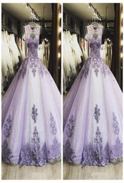 2021 Sexy Lilas Quinceanera Robes Jewel Dentelle Appliques Cristal Perlé Illusion Sans Manches Doux 16 Plus Taille Robe De Bal De Fête Ev2240588