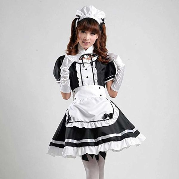 2021 lencería Sexy Lolita Maid Cosplay disfraz mujer tocado delantal cuello falso Bowknot vestido negro Halloween fiesta traje Y0903