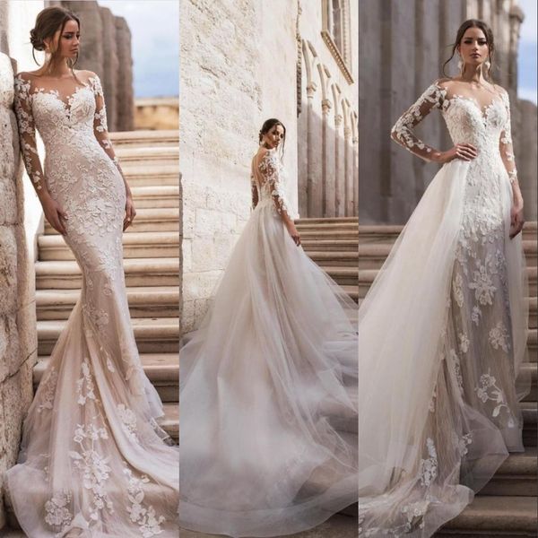 2021 Sexy manches longues dentelle sirène robes de mariée robes de mariée champagne avec jupe détachable surjupes tulle applique balayage train robes de mari￩e illusion cou