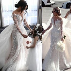 2023 Vestidos de novia de sirena de lujo sexy Cuello de joya Manga larga Ilusión Apliques de encaje Tren desmontable de tul Sobrefaldas Vestidos de novia formales Tallas grandes