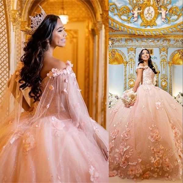 2023 Sexy Rose Bling Quinceanera Robes Robe De Bal Hors Épaule Dentelle Appliques Perles De Cristal Fleurs Doux 16 Robe De 15 Anos Formelle Partie De Bal Robes De Soirée