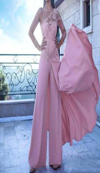 2021 Sexy rose combinaisons femmes arabes une manche robes de bal appliques dentelle illusion pantalon en mousseline de soie robes formelles tenue de soirée 3511282