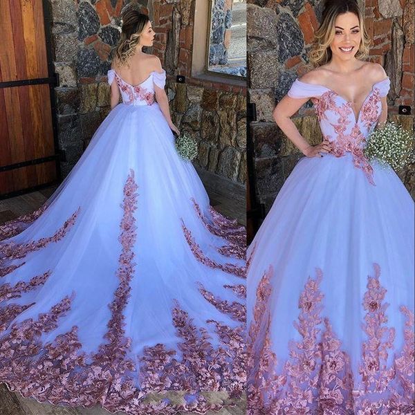 2021 Sexy Quinceanera Robe De Bal Robes Hors Épaule Trou De Serrure Rose 3D Floral Fleurs Tulle Plus La Taille Formelle Parti De Bal Robes De Soirée