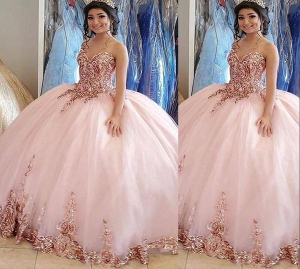 2021 Sexy Rose Gold Pink Sequined Elegent Quinceanera Dresses Vestido de pelota Sweetheart Sleeveless Plus Tamaño Sequines Lace Formal Party4519082