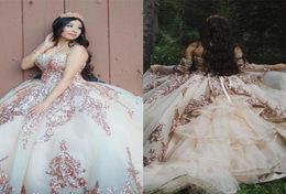 2021 Sexy Rose Gold Lace Lace Quinceanera Vestidos Ball Gown Beads Sequins Sweetheart con mangas Champagne PA8260019