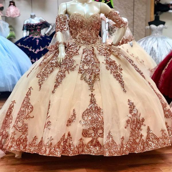 2021 Sexy Rose Gold Sequine Sweinera Ball Vestidos de vestidos de pelota Sweetheart Lace Appliques Crystal Tulle Sweet 16 Corsé PA254P