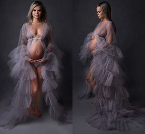 2021 Sexy See Through Mesh Maternity Prom Dresses voor Photoshoot of Babyshower Robe Sheer Tule Lange avond Feestjurken Plus Size Al7660