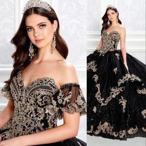 2021 Sexy Brillant Noir Paillettes Quinceanera Robes Dentelle Perlée Robe De Bal Chérie Or Appliqued Cristal Robes De Bal Paillettes Balayage Train Tulle Sweet 15