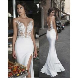 2021 Sexy Side Split Lace Appliques Illusion Beach Bridal Dress Satin Boheemse formele jurkmantel trouwjurken 0509