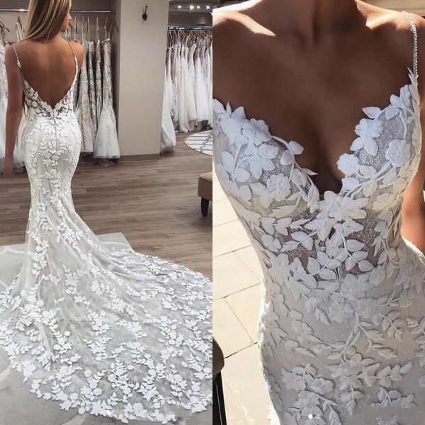 2021 Sexy Spaghetti Correa de encaje Mermaid Vestidos de novia Vestidos nupciales Illusion Hermosa 3D Appliques Floral Boho Boho Back Back Back Robe de Mariee Formal Vestido