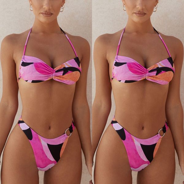 2021 Sexy deux pièces maillots de bain nouvelles femmes maillot de bain anneau boucle conception géométrie irrégulière motif d'impression sexy split bikini
