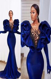 2021 Sexy Velvet Royal Blue Mermaid Avond Jurken Plus Size Ruffles Crystal Beads Cap Sleeve Elegante formele prom -jurken Vestido D1021617