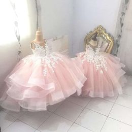 2021 Pure bloem kanten pink nek lagen baljurk klein meisje bruiloft goedkope communie optocht jurken jurken zj737 s