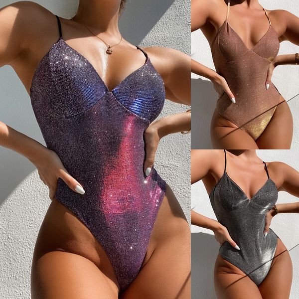 Maillot de bain une pièce brillant, Sexy, col en V, taille haute, Monokini, body, plage, pour femmes, 2021