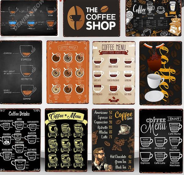 2021 Menu de café Shop Metal Signes en étain Vintage Drink Wall Art Affiche The Coffee Shop Bar Club Cafe Store Plaque Shabby Chic Home Decor Wy93