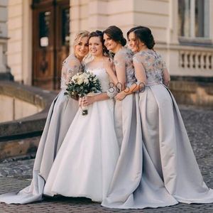 2021 Sier bruidsmeisjekleding 1/2 half mouwen illusie satijn juweel borduurwerk kanten applique op maat gemaakte bruidsmeisje jurk