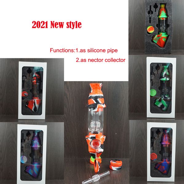 2021 Hookahs Nector Collector Kit Premium Sac de tabac Ensemble Conteneur de cire Bong en silicone avec pot de stockage de clous de quartz Pipe à fumer en métal Dabber