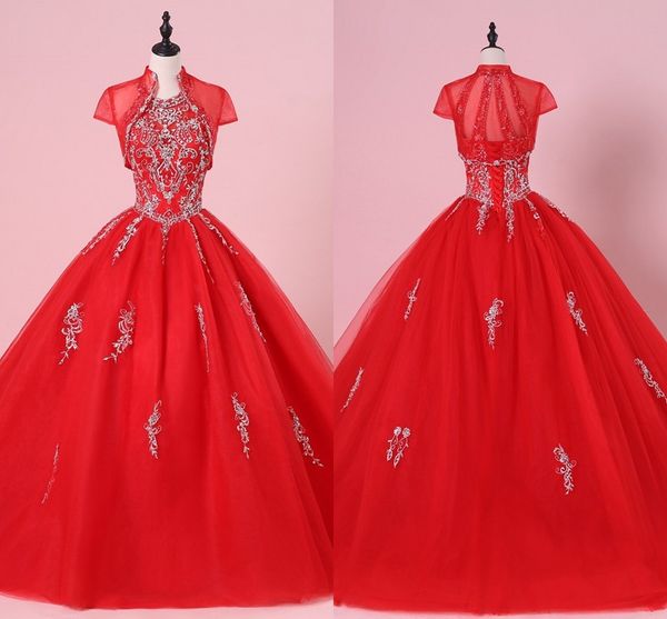 2021 Plata Bordado Quinceanera Vestidos Chaqueta Cuello alto Criss Cross Crossless Lace-Up Tulle Beaded Sweet 15 16 Dress Girls Party