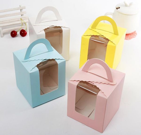 Cajas individuales para cupcakes 2021 con ventana con asa, caja para macaron, caja para pastel de mousse, 4 colores
