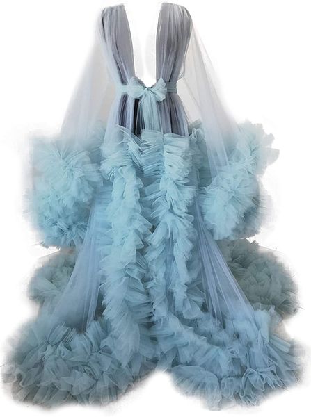 2021 Robes de soirée bleu ciel femmes enceintes photo robes manches longues volants voir à travers sur mesure une ligne formelle événement robe de soirée robes