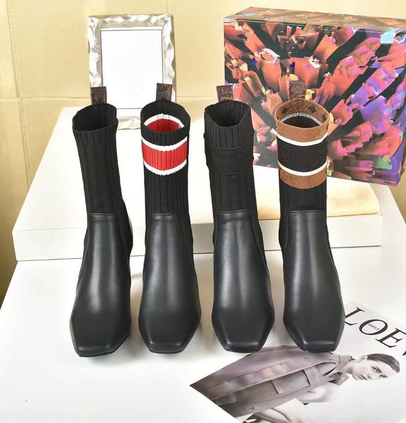 2021 Chaussettes bottes automne hiver femmes chaussures tricotées botte élastique sexy lettre mode talons fins 6cm femme chaussure à talons hauts en cuir de vachette taille 35-42