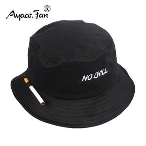 2021 Solide Noir Hommes Femmes Seau Chapeau Cigarette Broderie No Chill Hip Hop Casquette De Pêche Adulte Unisexe Panama Bob Chapeau Plat Sunhat Q0805