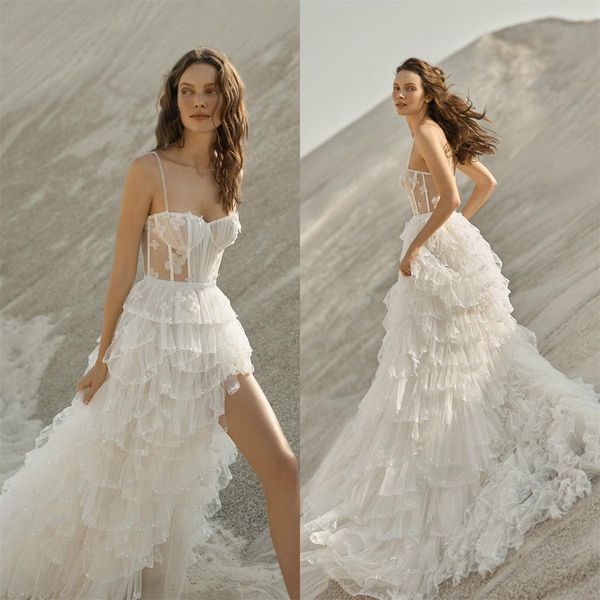 2021 tirantes finos A Line vestidos de novia ver a través de la parte superior del corsé Boho vestido de novia abertura lateral falda escalonada vestidos de novia