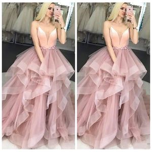 2021 Tira de espagueti Vestido de fiesta Vestidos de fiesta Volantes Tren de barrido Tul Formal Mujeres largas Tallas grandes Vestidos de fiesta de noche Vestidos para ocasiones especiales