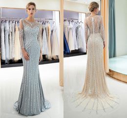 2021 Sparkly Crystals Beaded Avondjurken Crew Neck Sheer Lange Mouwen Mermaid Tulle Prom Jurken Lovertjes Celebrity Pageant Kleding