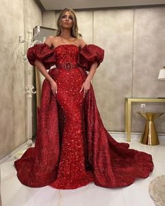 2021 Sparkly Dark Red Pailletten Prom Dresses Afneembare Overskirt Mermaid Korte Mouwen Avond Feestjurken Formele Gelegenheid Dragen Vestidos