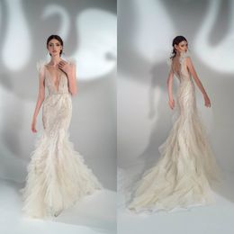 2021 Abiti da sposa a sirena scintillanti Sexy scollo a V profondo Paillettes Appliques di pizzo Abiti da sposa Abito da sposa a file con lacci sul retro