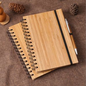 Cuaderno espiral 2021, cubierta de madera de bambú con bolígrafo, libretas ambientales para estudiantes, suministros escolares al por mayor