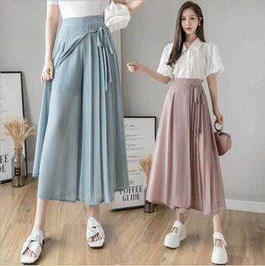 2021 lente en zomer nieuwe stijl koreaans geplooide chiffon broek groot formaat elastische taille casual broek hakama vrouw broek q0801