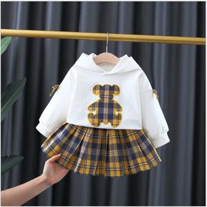 2021 Spring herfst Babymeisjes kledingsets meisjespak voor kinderen cartoonberen hoodies+geruite rokken 2 stks set kinderoutfits