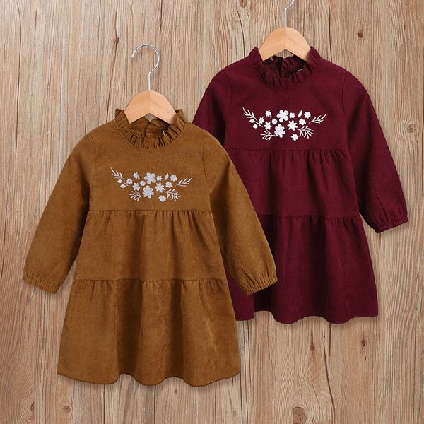 2021 Primavera Otoño Moda Moda Vestido Color Sólido Manga Larga Bordado Vestidos Midchild EUROPEO Y Americano Ropa para niños