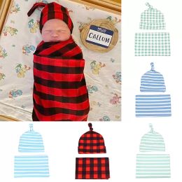 2021 lente herfst baby baby gestreepte plaid afdrukken slaapzak met hoed zachte katoen pasgeboren deken peuter jongens meisjes swaddling wrap