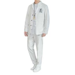 2021 lente herfst nieuwe katoen mannen casual 2 stuk set zwart grijs wit klassieke chinese stijl borduurwerk blazers en veter-up broek x0909