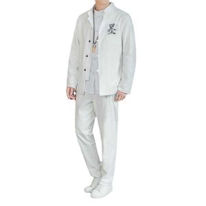 2021 printemps automne nouveau coton hommes décontracté 2 pièces ensemble noir gris blanc classique Style chinois broderie Blazers et pantalons à lacets X0909